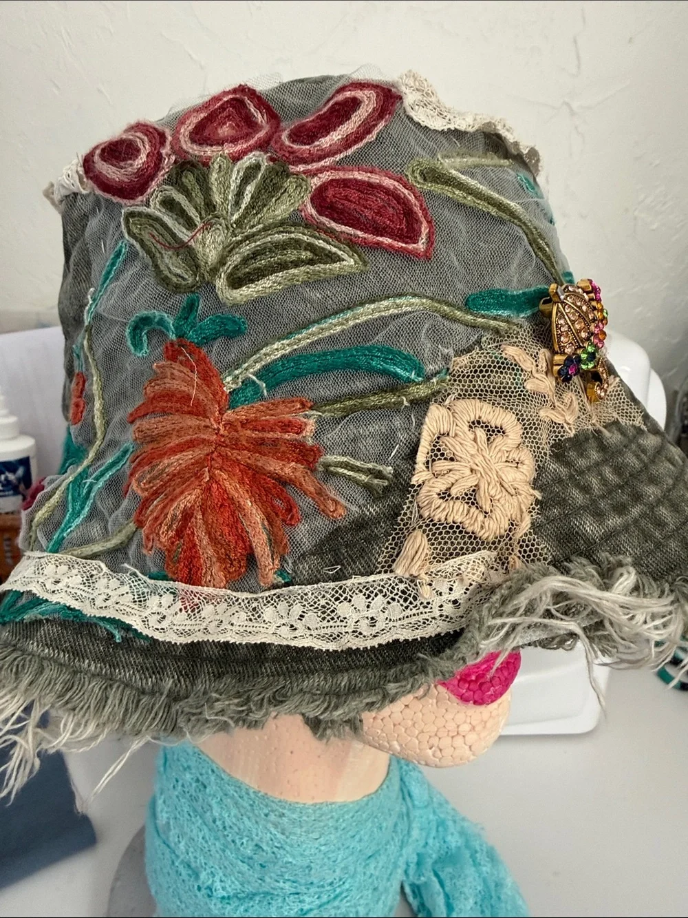 Upcycled Boho Green Wash Bucket Hat One Size